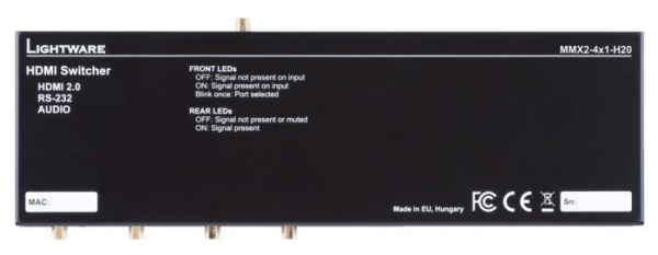 91560007, Lightware, MMX2-4x1-H20, Коммутатор HDMI 2.0 с разъемом для аудио, входом датчика присутст