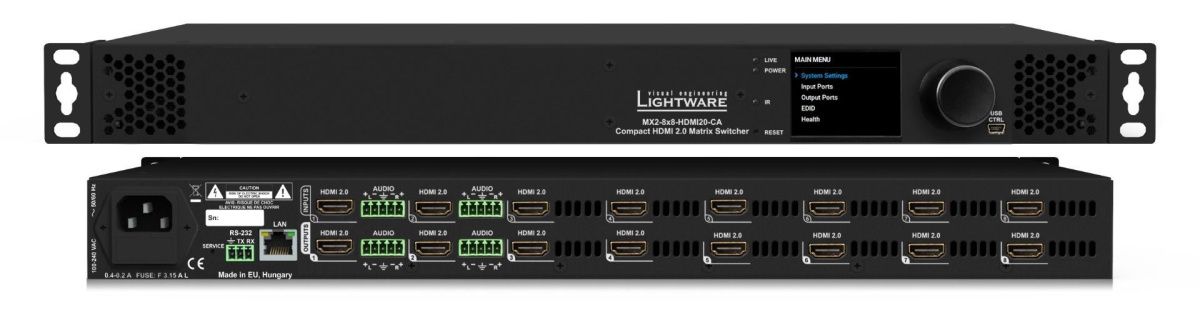 91310059, Lightware, MX2-8x8-HDMI20-CA,	Матричный коммутатор 8x8, 4K@60Гц RGB 4:4:4, HDMI 2.0, HDCP 